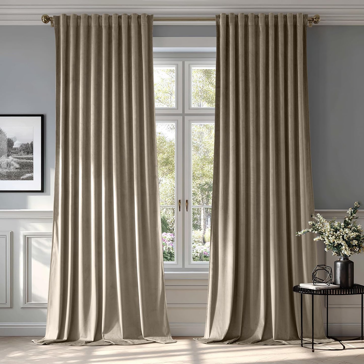 MIULEE Taupe Velvet Curtains 90 inches 2 Panels - Luxury Room Darkening Window Drapes for Bedroom Living Room Thermal Insulated Super Soft Blackout, Back Tab Rod Pocket Pinch Pleated, W52 x L90