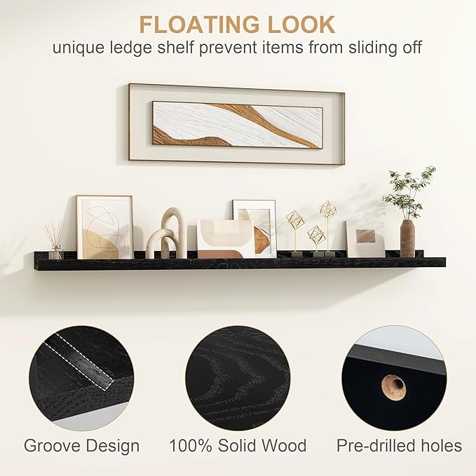 Floating Picture Ledge Shelves 72 Inch Solid Oak Wood Set of 2, Rustic Wall Storage Shelves with Lip, Kids Bookshelf, Photo & Picture Ledge Shelves for Bedroom, Living Room, Kitchen