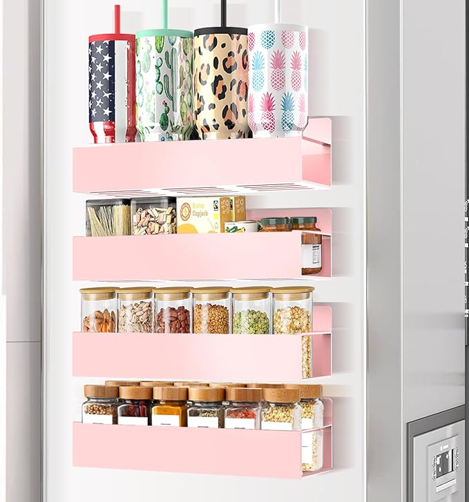 Magnetic Spice Rack Organizer for Fridge Seasoning Organizer for Kitchen Storage With Screw Magnetic Shelf for Oven, RV,Garage,Bathroom (Pink, 4pack)