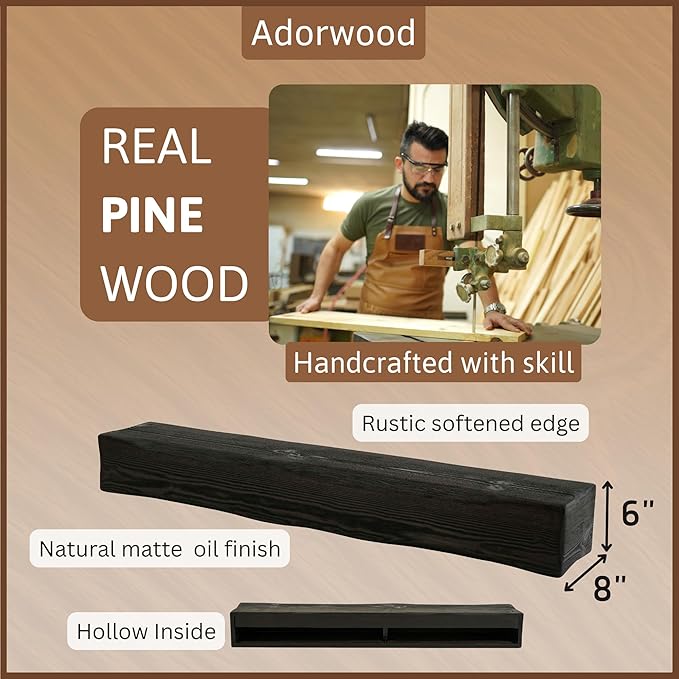 Handmade Fireplace Mantel Shelf, Extra Wide Rustic Wood Mantles for Over Fireplace, Wall Mounted Floating Mantel Shelves for Living Room Decor (Ebony, 72 inches)