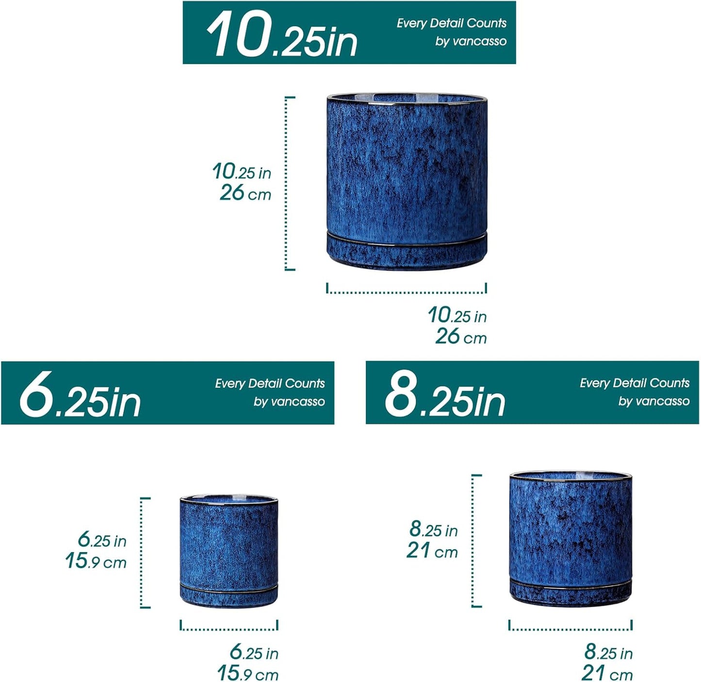 vancasso Ceramic Planters, Plant Pots for Indoor Plants, 6.25+8.25+10.25 Inch Ceramic Pots for Plants, Flower Pots with Drainage Holes (Blue, 6.25+8.25+10.25 Inch)