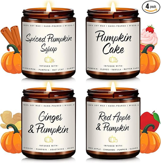 Pumpkin Candle Set | 4 Pack Scented Candles for Home - Candle Gifts for Women Men, Soy Candles | Jar Candle Scents of - Cake/Red Apple/Syrup/Ginger