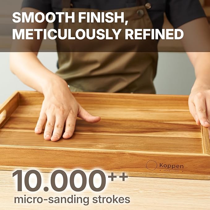 Koppen Acacia Wood Serving Tray with Handles, 17" x 13.86", Large Wooden Platter for Breakfast, Ottoman Tray for Party, Snacks, Fruit, Coffee Table, Living Room, Sofa, Bed, Outdoor