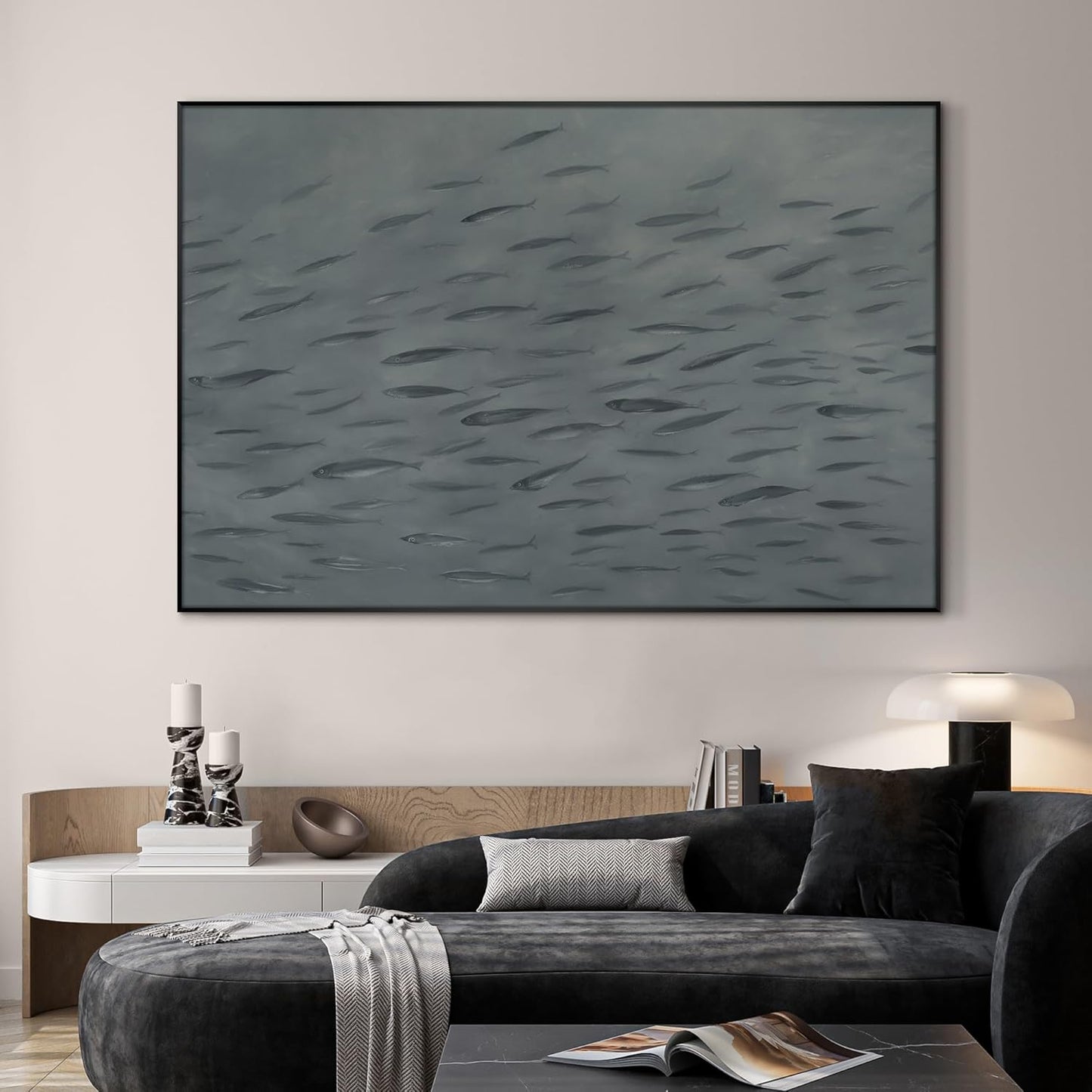 SIGNWIN 46"x72" Extra Large Framed Wall Art Gray School of Fish Minimalist Ocean-Inspired Marine Life Illustration for Home Living Room Bedroom Decor (Frame Assembly Required)