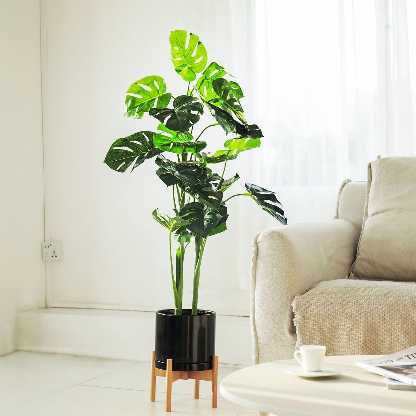 Aveyas 8 inch Ceramic Plant Pot with Drainage Hole and Saucer - Suitable for Indoor and Outdoor Use, Modern Planters for House Garden Flower Tree Snake Monstera Plants (8", Glossy Black)