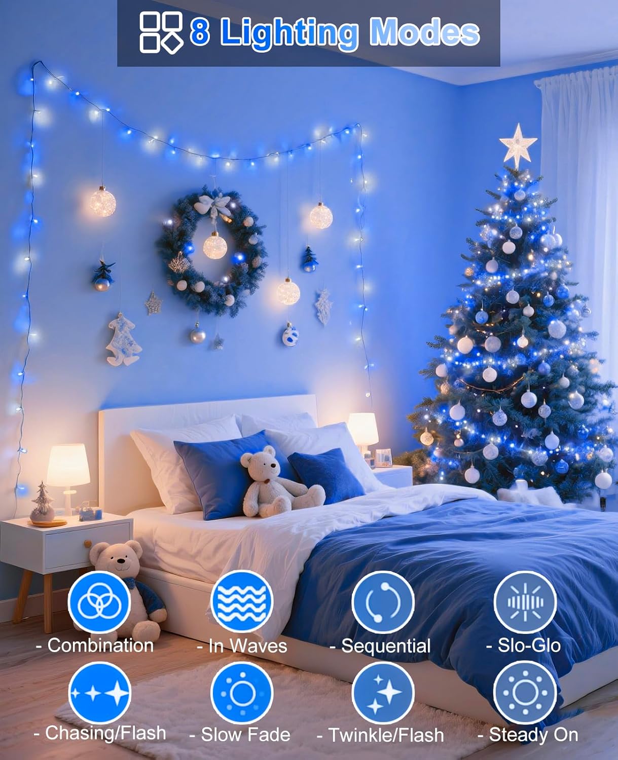 Christmas Lights Outdoor, 157FT 480 LED Christmas Tree Lights Waterproof, 8 Modes Plug in Fairy String Light for Indoor Bedroom Garden Patio Porch Xmas Party Decorations, Blue White