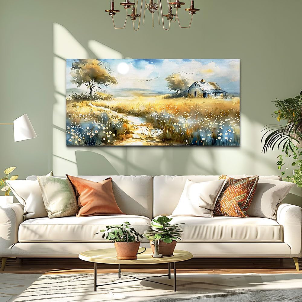 KELIYUAN Wildflower Field Landscape Painting Modern Canvas Print Wall Art Rural Field Mural Artwork Living Room Dining Room Wall Decoation For Bedroom Office Farmhouse Home Decoration 24x48 Inches