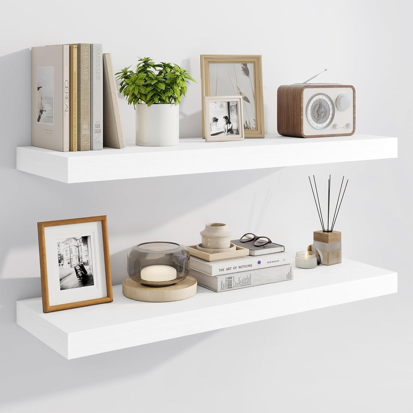 Marsmiles 31.5" Floating Shelves for Wall, Wooden Shelves with Invisible Brackets Set of 2, Rustic Farmhouse Wall Mounted Shelf for Kitchen Bathroom Living Room Study, White