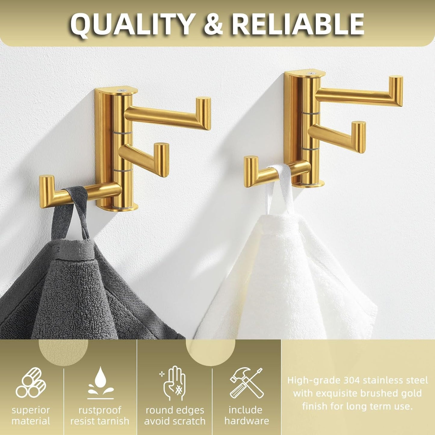 Angle Simple Towel Hooks Swivel, SUS 304 Stainless Steel 3 Arms Foldable Hand Towel Holder, Coat Hooks, Brushed Gold, 2 Pack