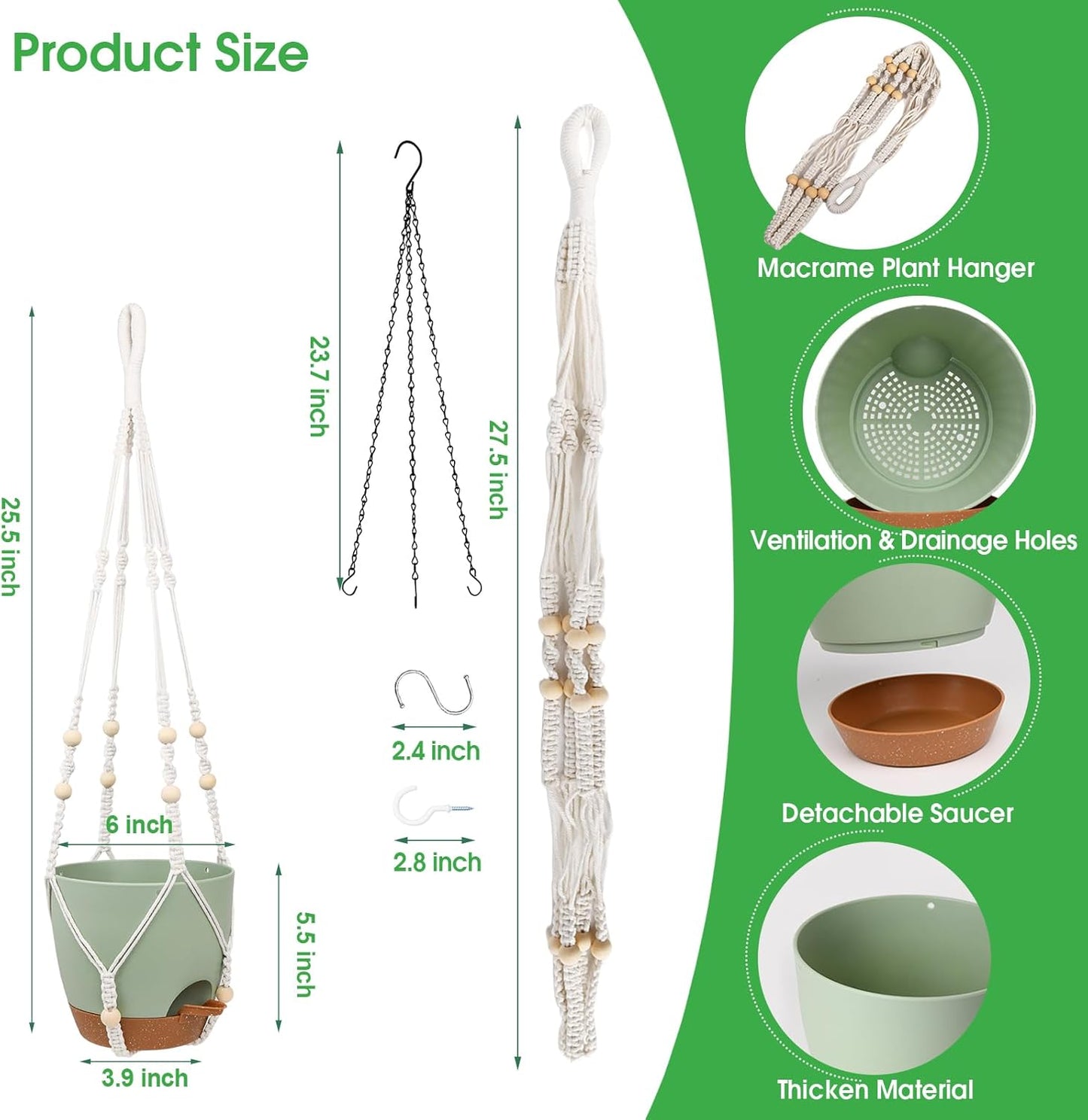 Hanging Planters for Indoor Outdoor Plants, 2 Pack Self Watering Hanging Pots, Hanging Plant Baskets with Drainage Holes & 2 Types of Plant Hangers (Green, 6'')