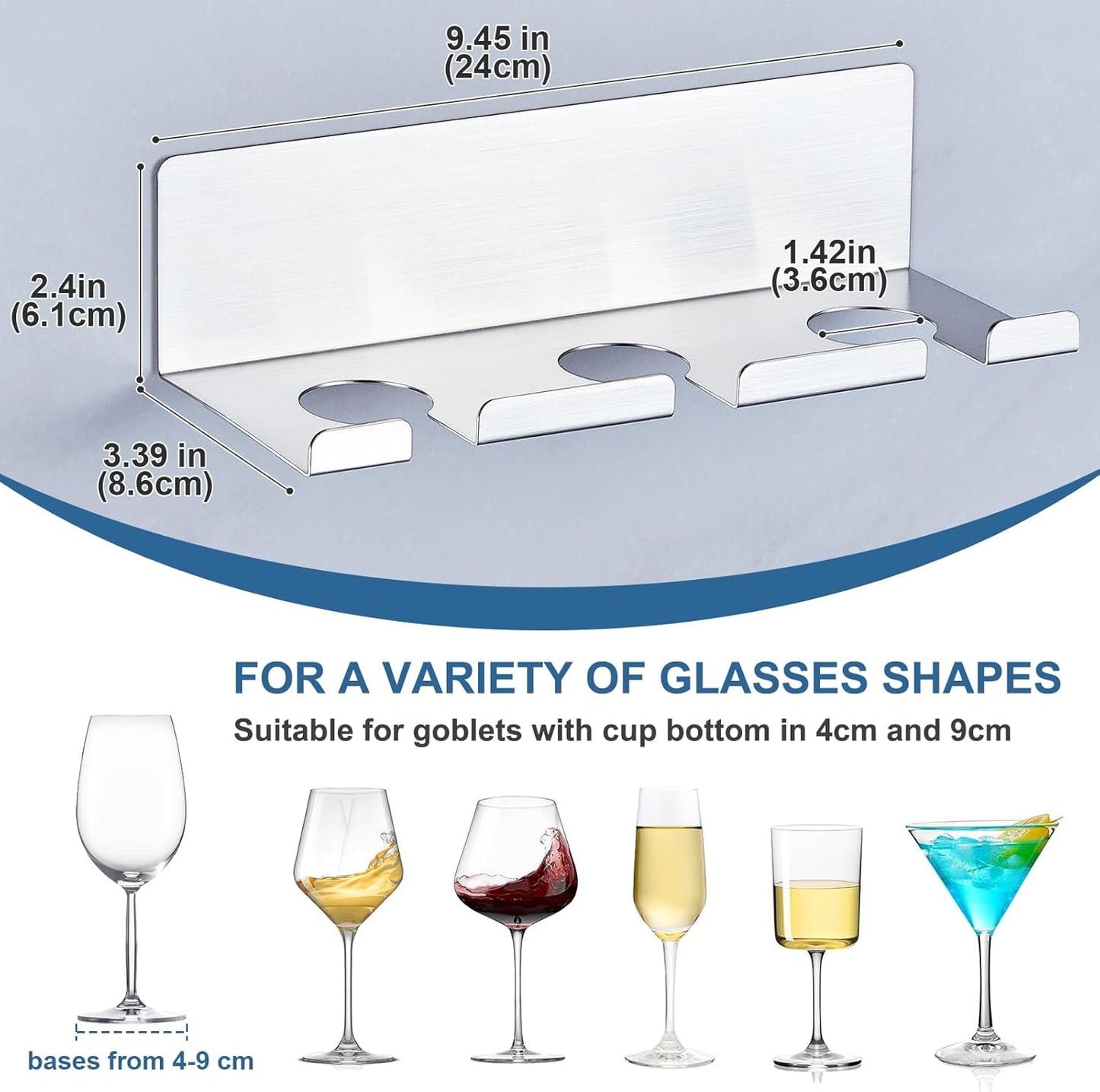 Wine Glass Holder Wine Glass Drying Rack Stainless Steel Hanging Stemware Rack Wall Mounted Adhesive Hanging Wine Glass Organizer Stemware Holder for Bar Restaurant Kitchen 2 Pack