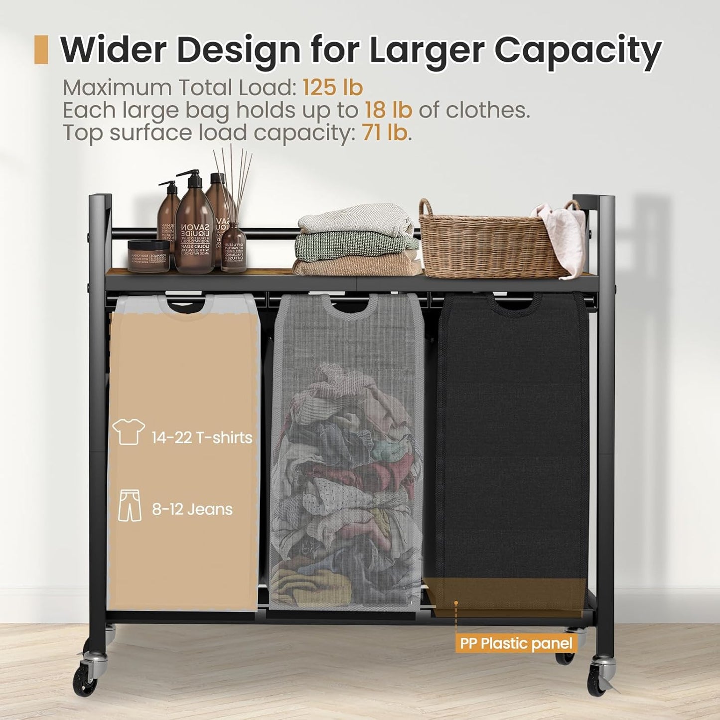 Laundry Hamper, Laundry Basket, Laundry Sorter with 3 Removable Bags, Clothes Basket with 3 Compartments, Wheels, Shelf for Laundry Room Bathroom Bedroom (3 Bags-Black Grey White)