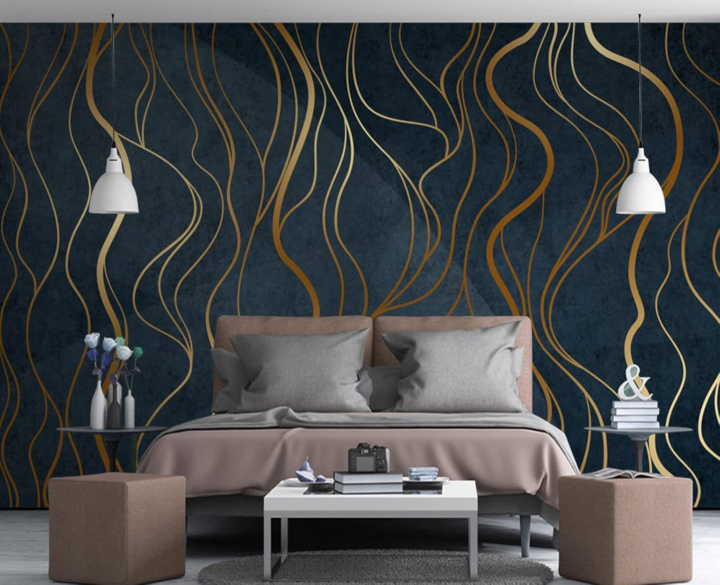 Simple Golden Lines Wall Mural Wallpaper for Bedroom 103" x 69"