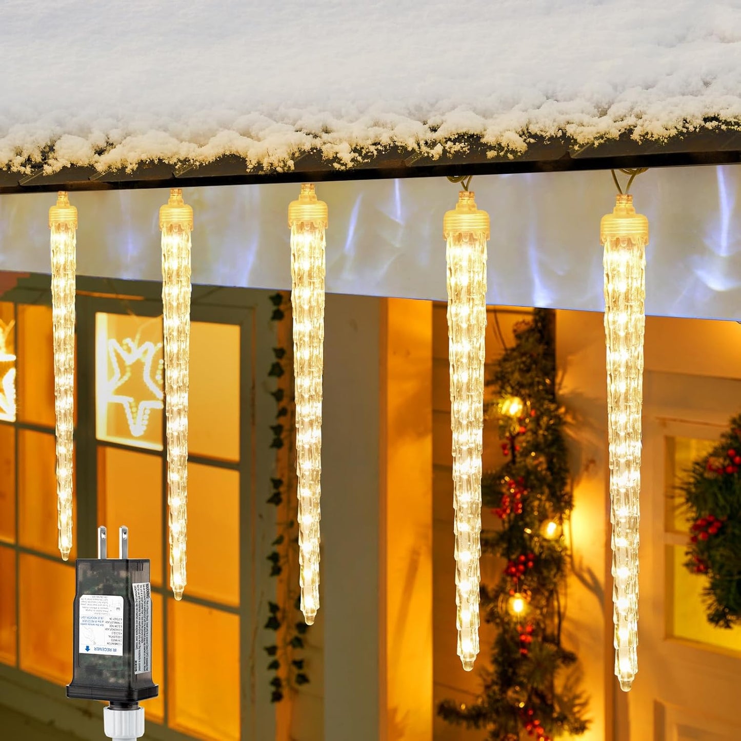 Christmas Meteor Shower Icicle Lights Outdoor, 19.8Ft With 20 Large Tube 480 LED Dropping Effect, Waterproof Decorations for House Eave Roofline, Warm White