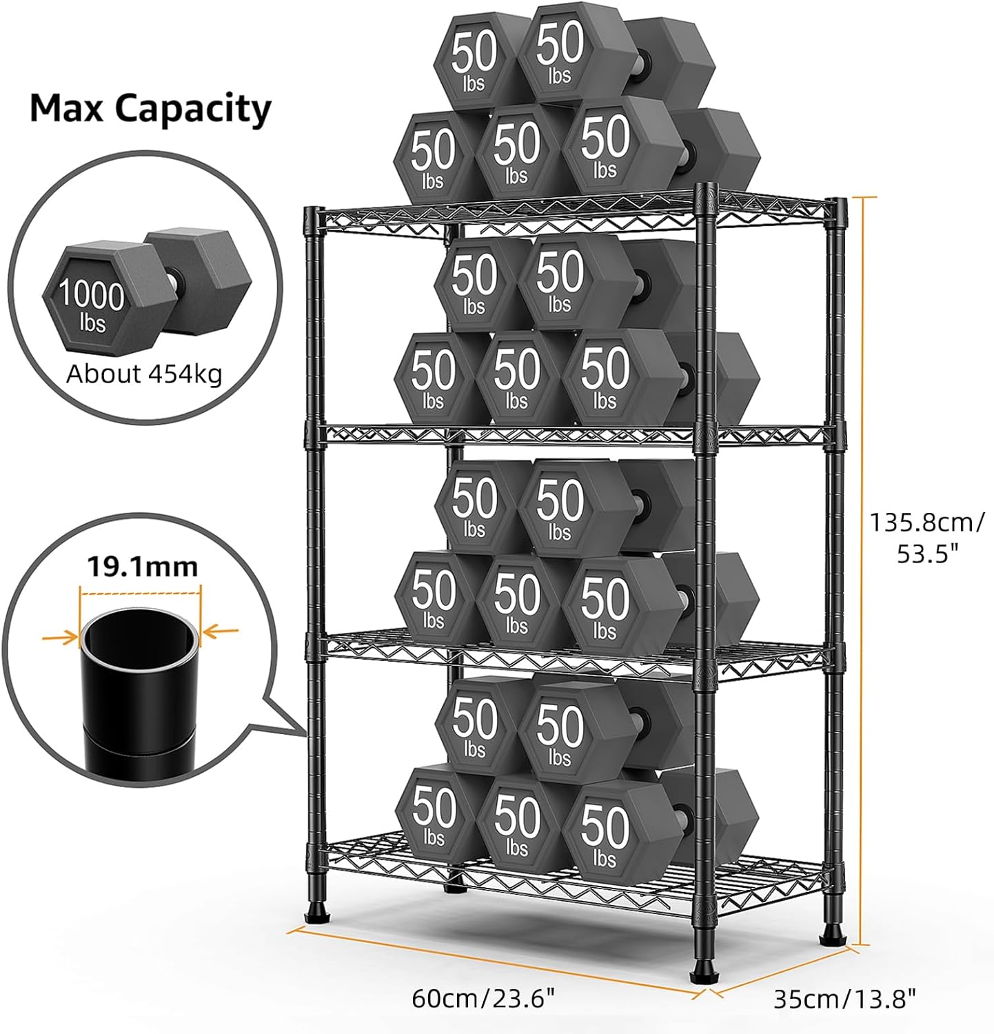 1000 lbs Storage Shelving Steel Heavy Duty 4-Tier Utility Shelving Unit Steel Organizer Wire Rack for Home,Kitchen,Office,Black (13.7" D x 23.6" W x 53.4" H)