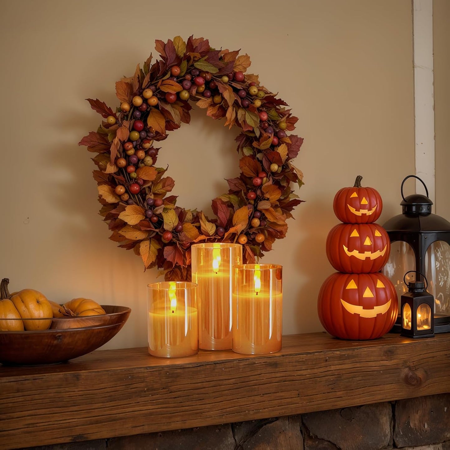 Amagic Gold Glass Flameless Candles Battery Operated with Timer, Remote Control, Flickering LED Fake Pillar Candles for Fall Decoration, Christmas Thanksgiving Decor, Amber, Set of 3