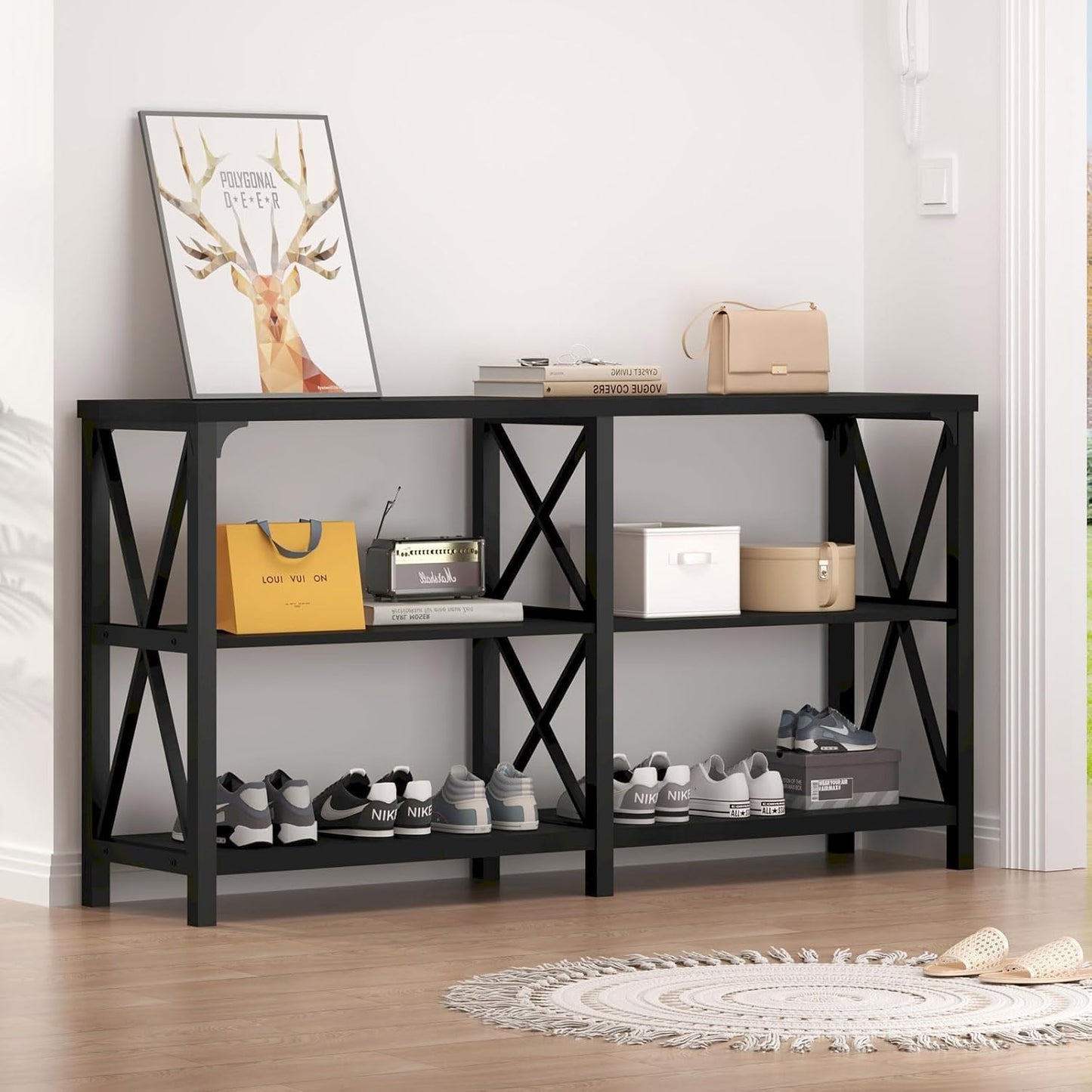 LVB Black Console Table, Modern Entryway Table with 3 Tier Storage Shelves, Industrial Sofa Table Behind Couch for Living Room, Farmhouse Wood Metal Entry Table for Hallway Foyer, Black Oak, 55 Inch