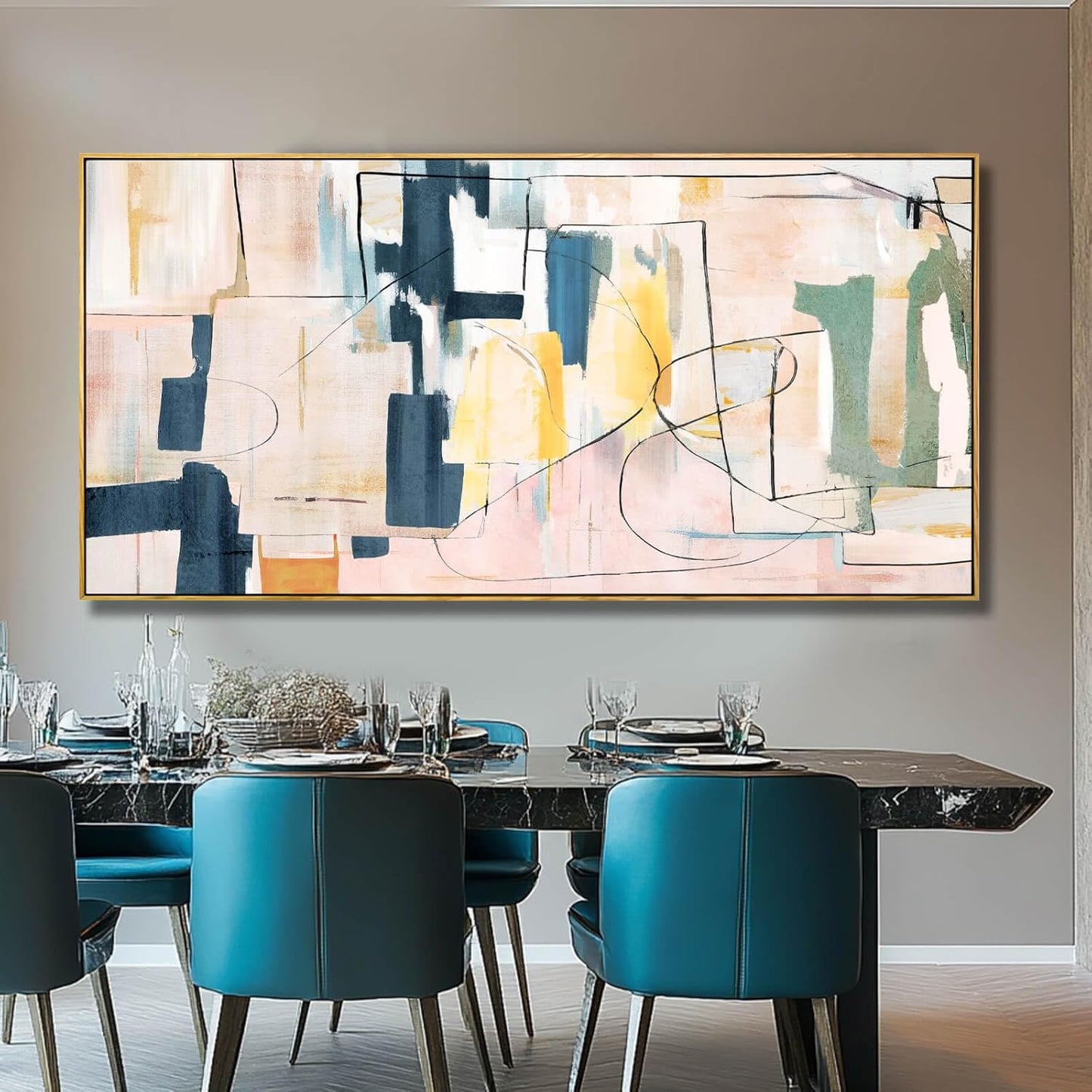 Pink Abstract Painting Large Wall Art Living Room Decor Blue Canvas Print Line Artwork Home Office Decoration 29x58 Inch