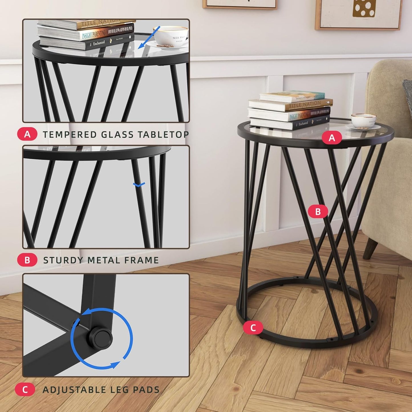 Round Side Table, Modern End Tables for Living Room Office Small Spaces, Glass Black End Table with Metal Frames, Nightstand for Bedroom, Bedside Furniture, Easy Assembly