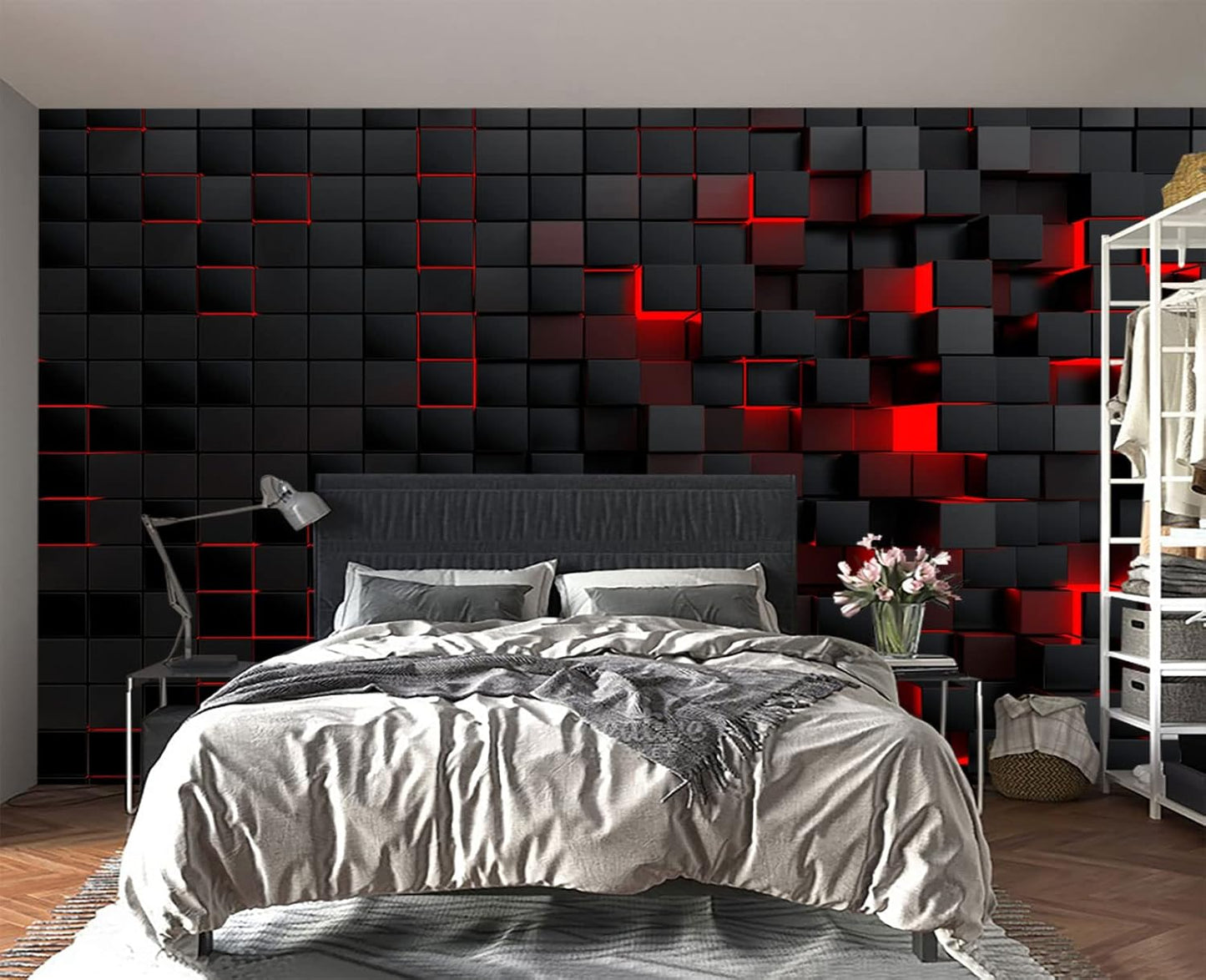 Tech Red Blocks Wall Mural Wallpaper for Bedroom 103" x 69"