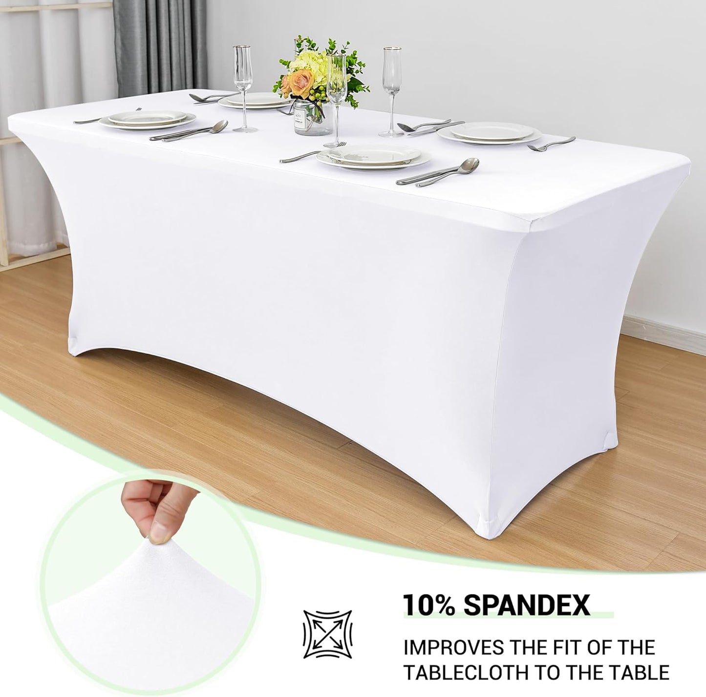 Obstal 8Ft Stretch White Spandex Table Cover for Standard Folding Tables - 2 Pack Universal Rectangular Fitted Tablecloth for Party, Banquet, Events, Trade Show (White, 96L x 30W x 30H Inches)