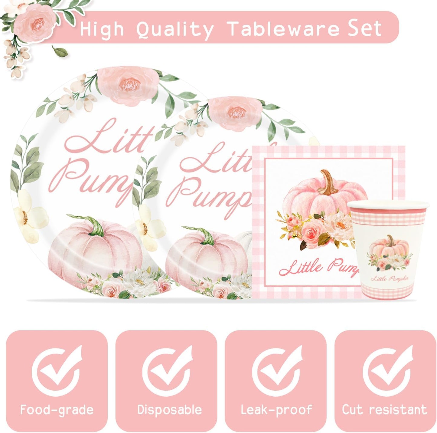 Aukolass Pumpkin Party Supplies Tableware Set - Fall Theme Party Decorations Including Plates, Napkins and Cups for Pumpkin Birthday and Baby Shower Party, Serves 24 Guests (pink)