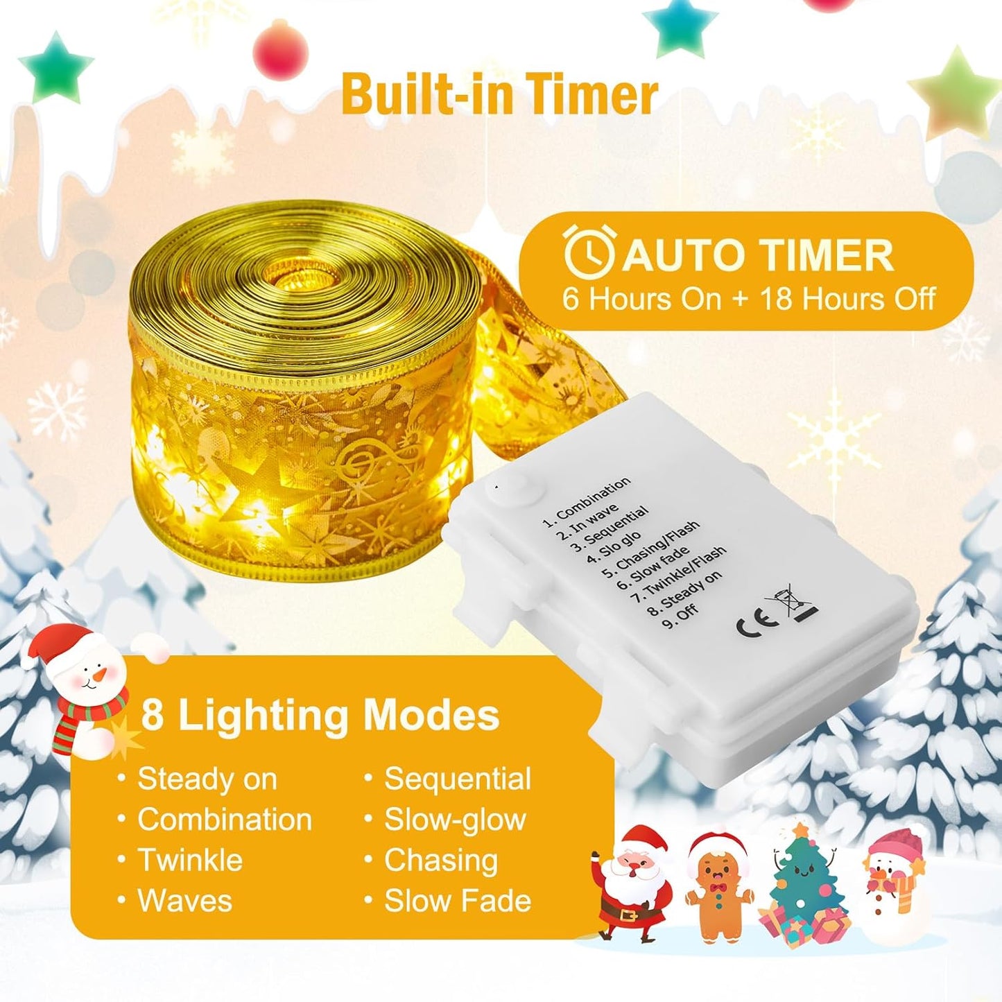 Minetom Christmas Tree Ribbon String Lights - 33ft 100 LED Battery Powered Fairy Lights with Timer