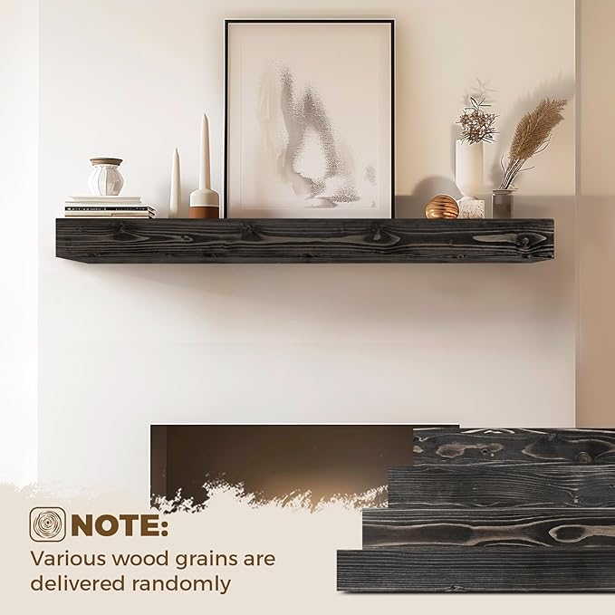 48x8x5 Fireplace Mantel - Handcrafted Hollow Rustic Solid Wood Wall Mounted Floating Shelf with Invisible Heavy Duty Wood Bracket (Weathered Black)