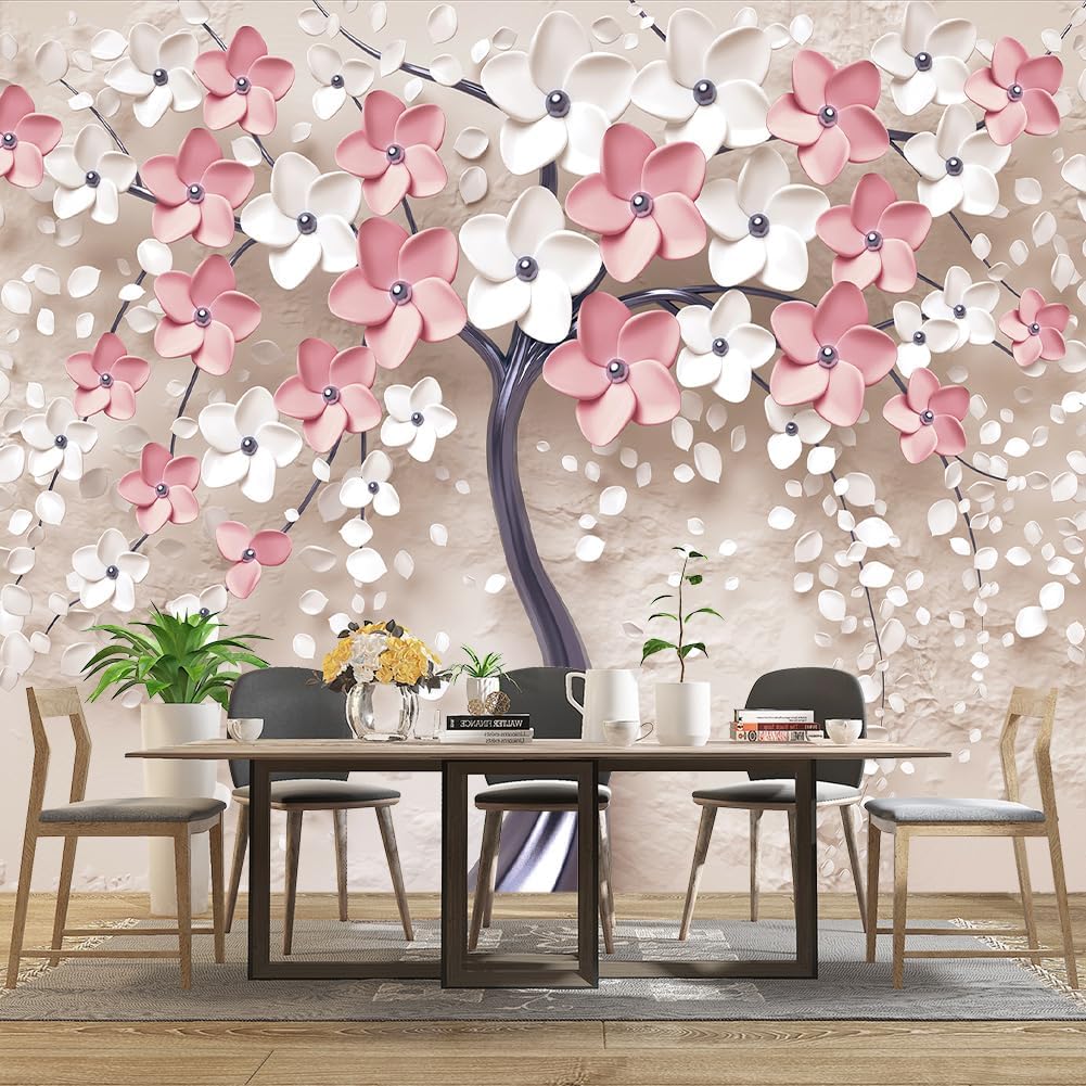 3D Relief Abstraction Pink Flowers Tree Mural Bedroom Floral Wallpaper Room Decor Living Room tv Background Large Wall Mural - 160"x108" (Not Peel and Stick)