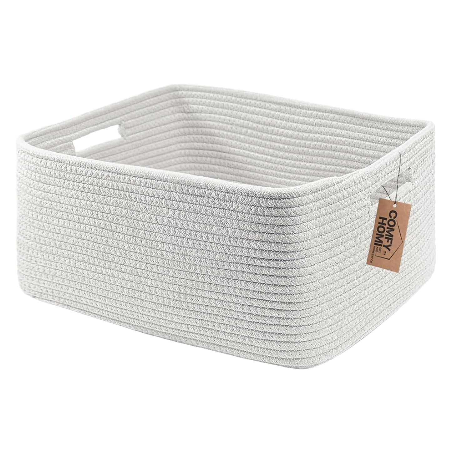 COMFY-HOMI Cotton Rope Woven Basket with Handles for Shelves,Toys,Book, Cloth Storage Baskets for Organizing-17" x 13" x 7.5" Toy Decorative Organizer for Living Room, Bathroom （All White）