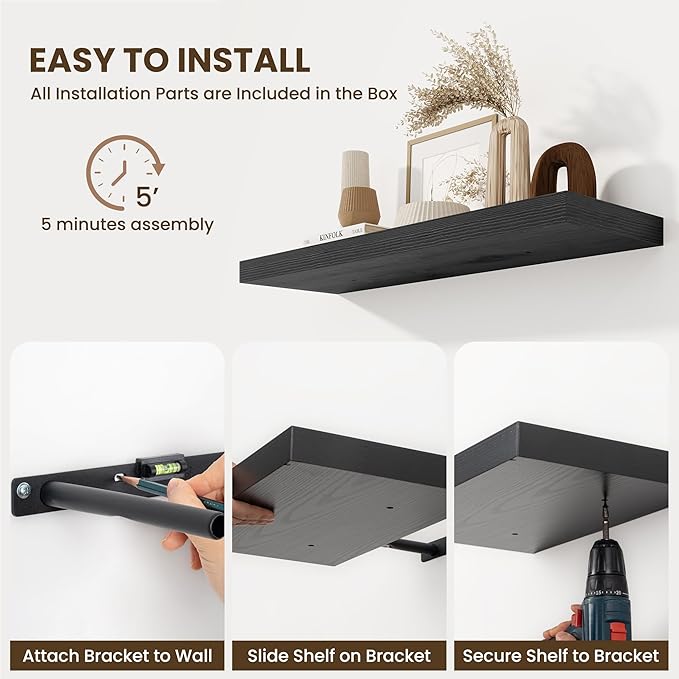 Fun Memories Floating Shelves for Wall 36 Inches, Wood Shelves with Invisible Bracket, 10" Deep Shelves Wall Mounted, Large Wood Floating Shelves for Living Room Bathroom, Black, Set of 2