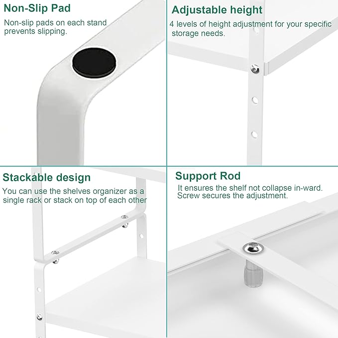 iPEGTOP Expandable Cabinet Storage Shelf Organizer Rack, 2 Pack Heavy Duty Steel Metal Spice Rack Adjustable Height Garage Pantry Shelf Space Riser for Counter Kitchen Organization, White