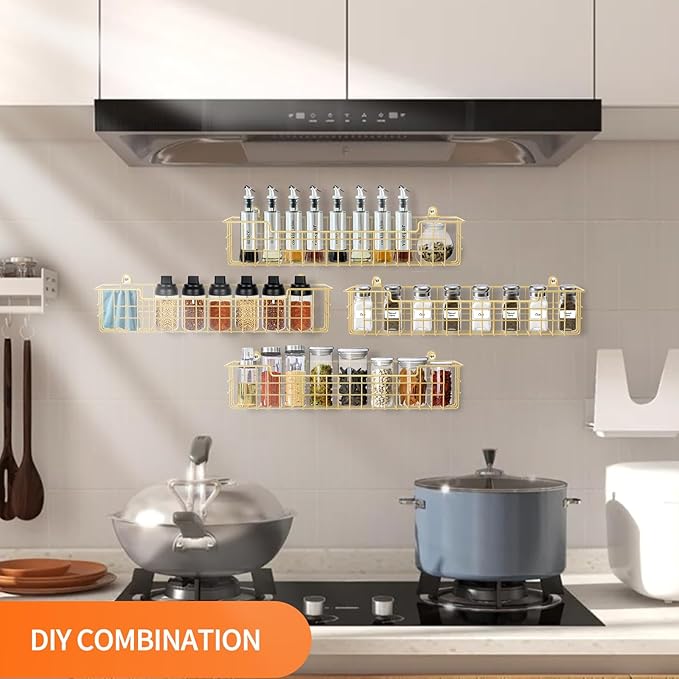 Spice Rack, 4-Pack Seasoning Organizer Wall Mount for Kitchen Storage Organization, Spice Holder Shelf Saving Space for Cabinet, RV, Pantry, Gold
