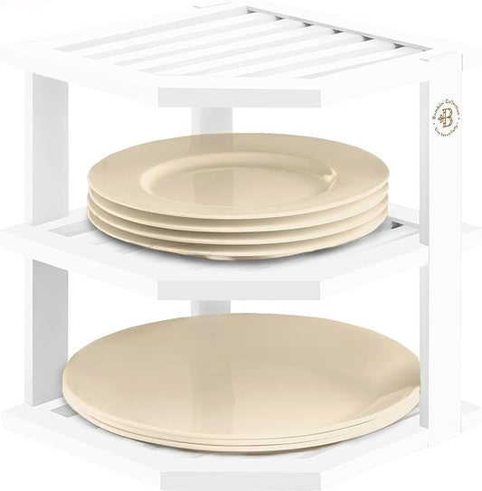 Cabinet Organizer Shelf - Bamboo Corner Rack for Kitchen Counter, Cabinet Space Saver for Plates, Dishes, Bowls, Bread Pantry, Bathroom Storage or Countertop Stand, White