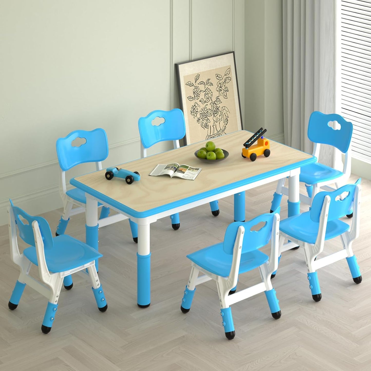 Kids Study Table and 6 Chairs Set,Height Adjustable Table and Chairs for Children and Toddlers,47.2"X23.6"Graffiti Desktop,Suitable for Daycare,Classrooms, Home