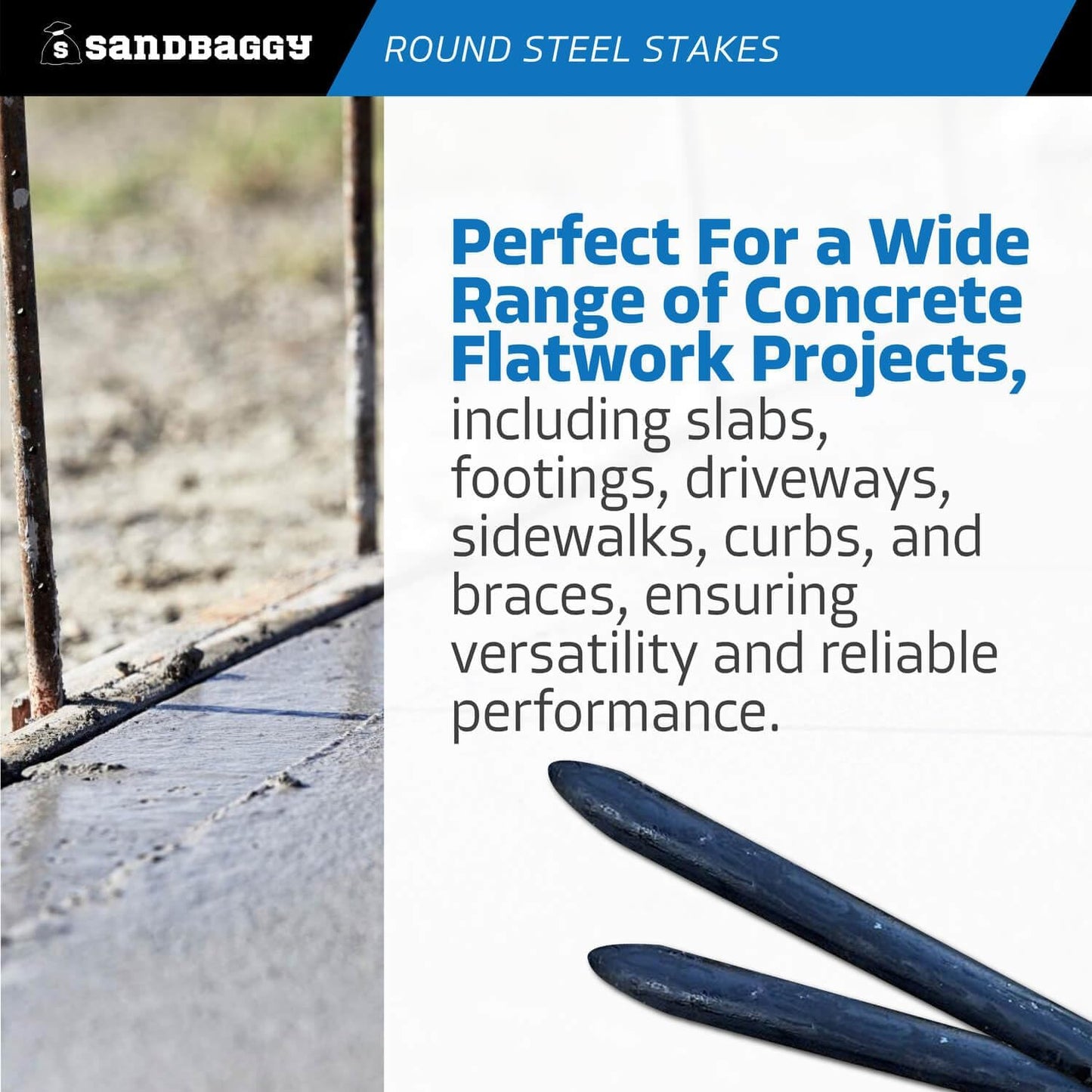 Sandbaggy Round Steel Concrete Form Stakes with Nail Holes - Rust Resistant Coating - Removable, Reusable (50, 3/4 in X 18 in)