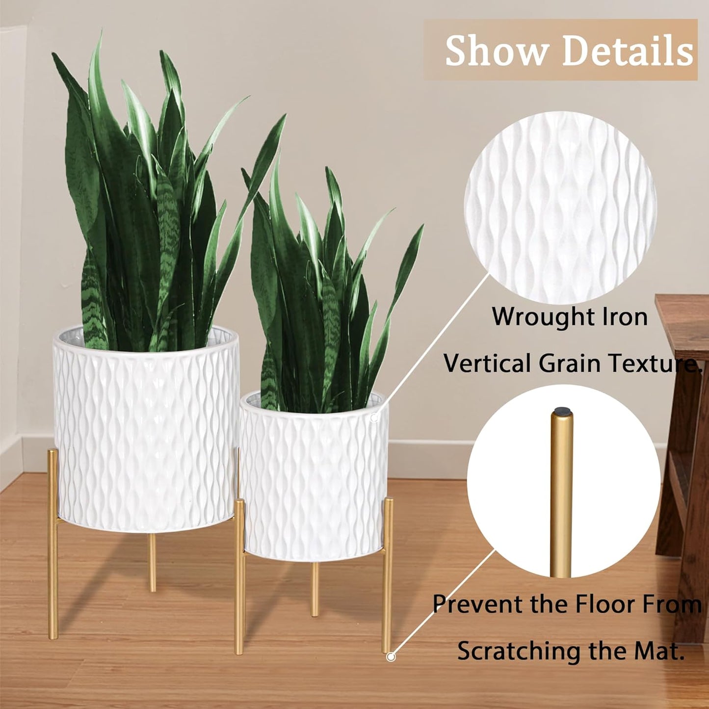 ARNIS Plants Pots with Stand, Set of 2 P lanters, Unique Mid Century Decorative Metal Flower Pots with Drainage, 8.25 & 10.5 Inch, White and Gold
