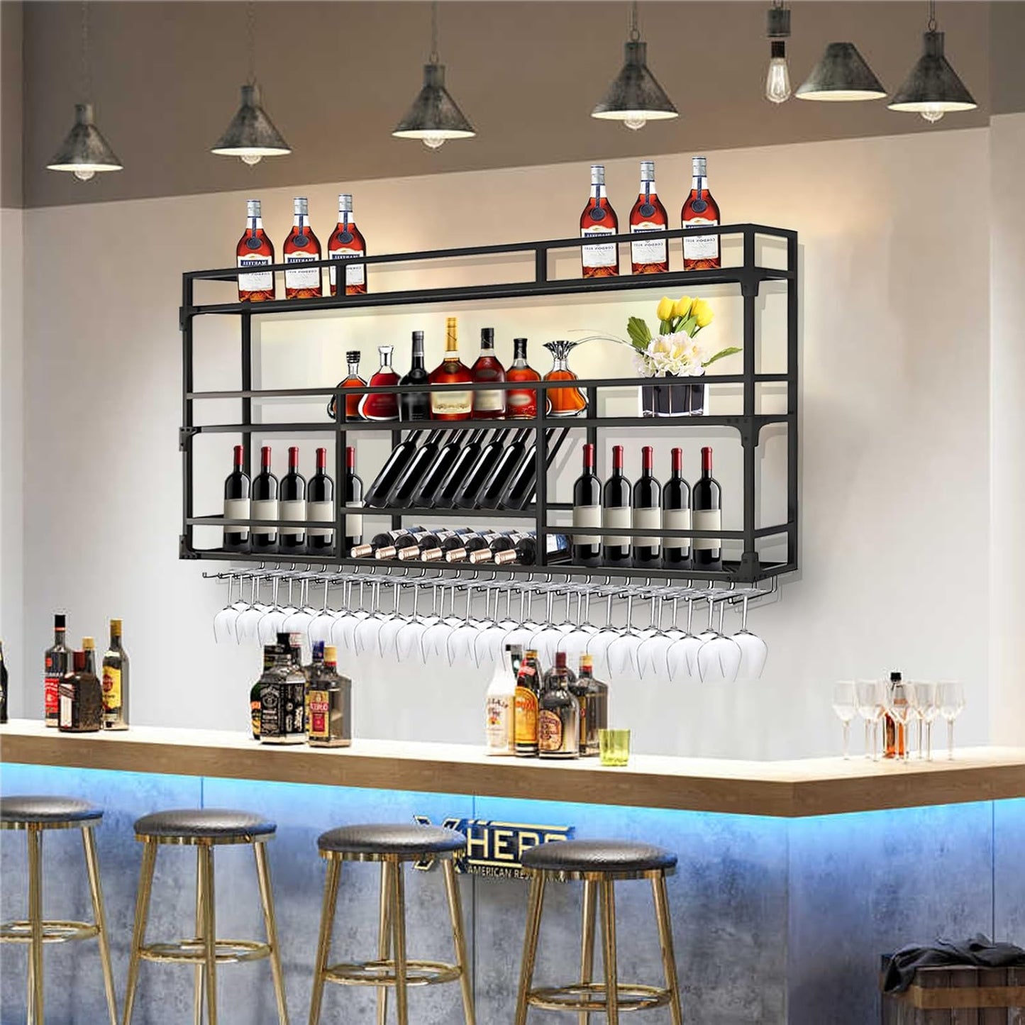 59in Wall Mounted Wine Rack, Wine Rack Wall Mounted With Wine Glass Rack, Metal Bar Bottle Display Shelf Wine Cups Hanging Holder, For Home Bar Cafe Dining Room Decoration (BLACK, 59*10*35.5inch)