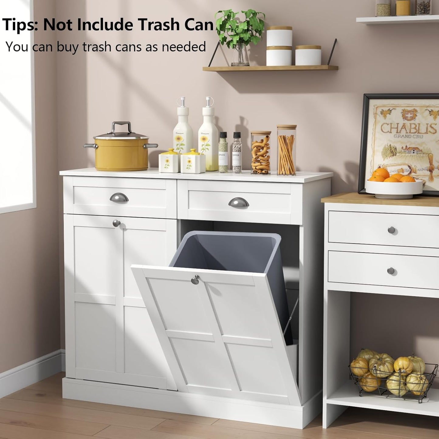 Loomie Double Tilt Out Laundry Hamper Cabinet, Hidden Laundry Cabinet with 2 Drawers & 2 Baskets, 30 Gallon Trash Can for Bathroom, Kitchen, White