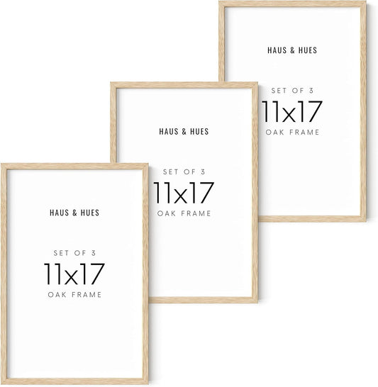 HAUS AND HUES Set of 3 Wooden Frames - 11x17 Natural Wood Picture Frames, Oak Beige