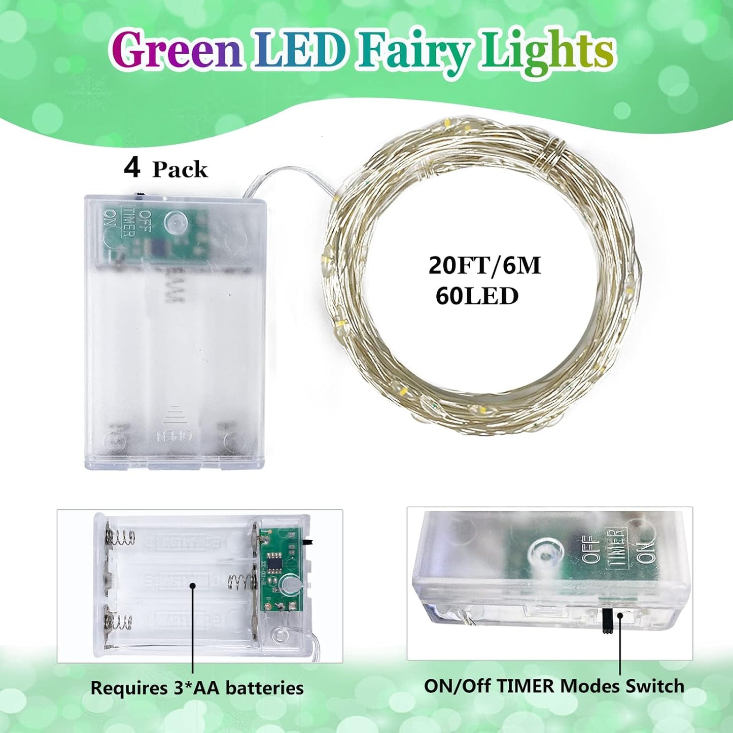 4 Pack 20FT 60LED Halloween Battery Operated Fairy Lights with Timer, Waterproof Battery String Lights Outdoor Indoor, Battery Twinkle Lights for Bedroom Wedding Birthday Party Halloween (Green)