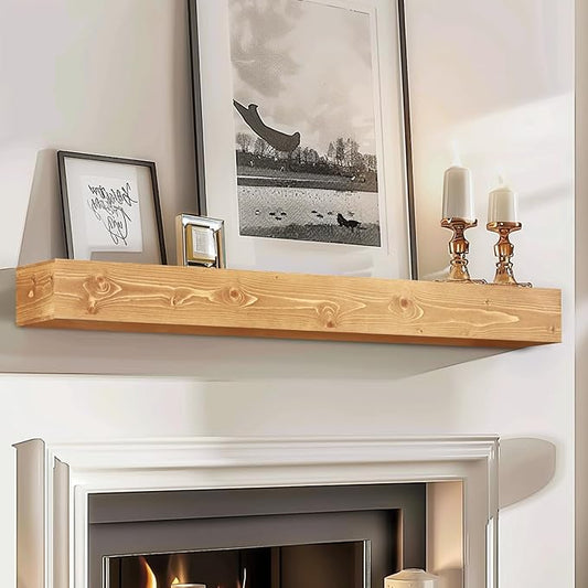 48x8x5 Fireplace Mantel - Handcrafted Rustic Solid Wood Wall Mounted Floating Shelf with Invisible Heavy Duty Wood Bracket (Natural)