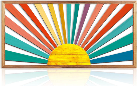 IARTTOP Large Boho Sun Wall Art Framed Wooden Art Wall Decor Sun Geometric Line Sunshine Wall Art for Living Room Bedroom Office 16"" x32, red
