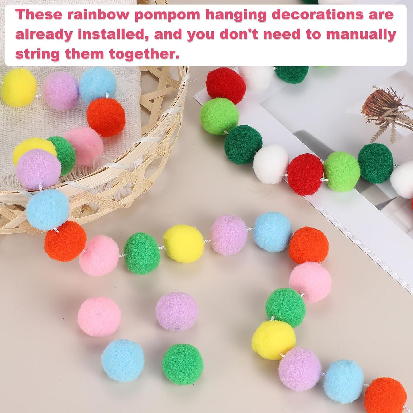 PATIKIL 13Ft Pom Pom Garland Decorations, 2Pcs Colorful Felt Ball Garland Banner Cute Rainbow Pompom Hanging Decorations for Tree Ornaments Homes Decor, Black/Orange/White