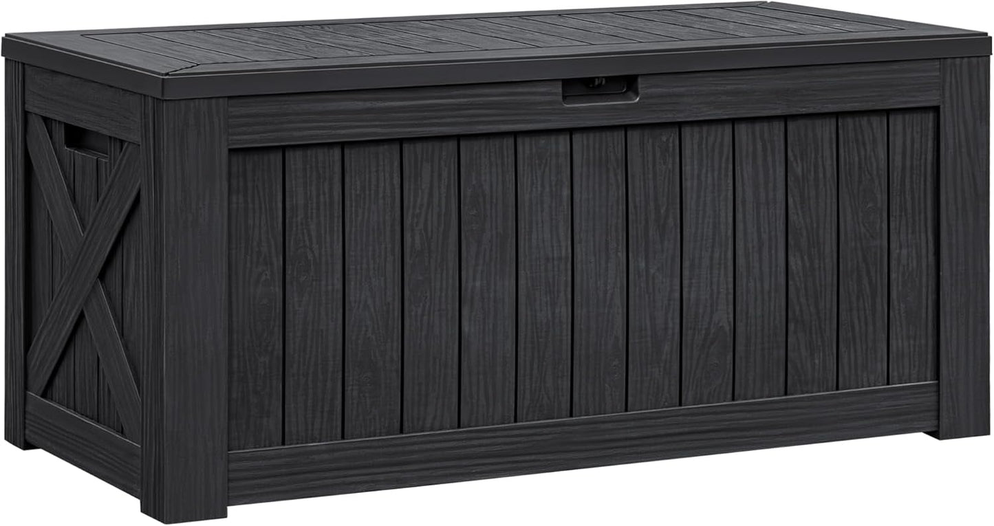 Flamaker Resin Deck Box 120 Gallon Waterproof Large Outdoor Indoor Storage Box Imitation Wood Resin for Patio Furniture Garden Tools and Pool (Black)