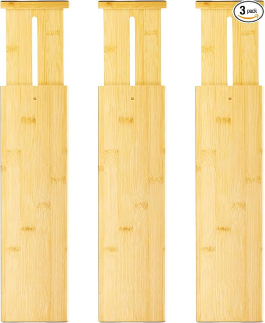 VaeFae 3 Pack Bamboo Drawer Dividers, 4" High Adjustable 16.6" - 21.8" Clothes Drawer Organizers, Expandable Separators for Bedroom/Bathroom/Kitchen/Office Storage