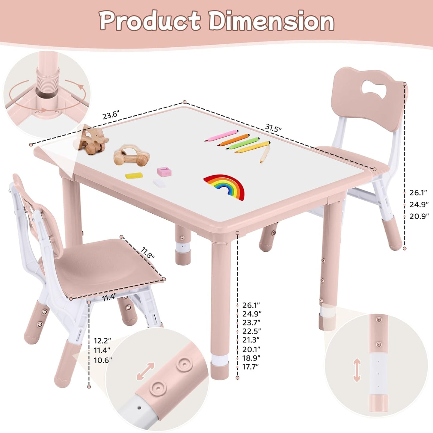 Toddler Table and Chair Set, Height Adjustable-Upgrade Kids Table and 2 Chairs for Ages 3-8, Multi-Activity Toddler Play Table with Graffiti Desktop for Home/Daycare/Classroom