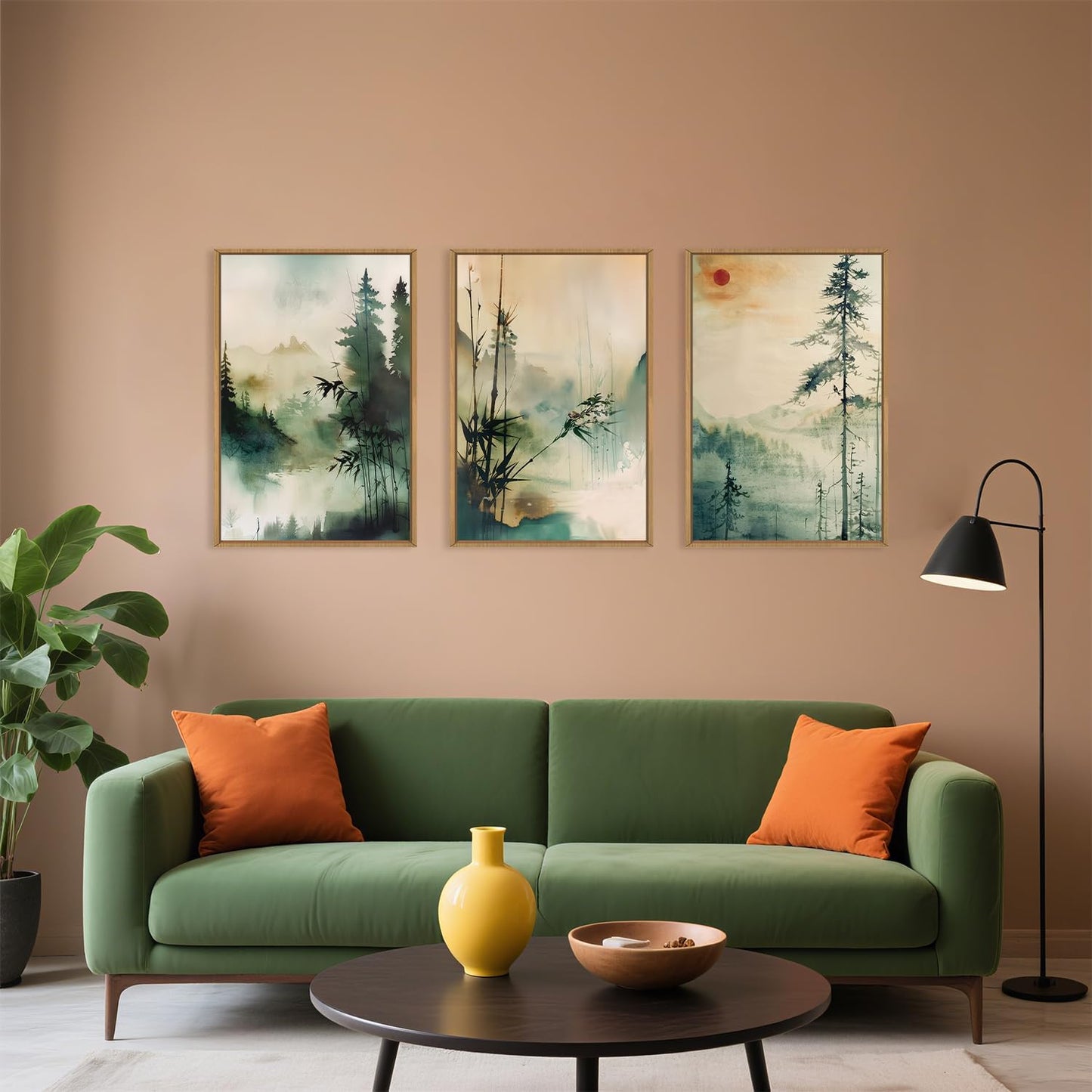 Chinoiserie Nature Framed Canvas Wall Art Set, Mountain and Forest Landscape Painting, Natural Bamboo Pine Tree Lakes Wall Decor for Living Room, Bedroom, Dining Room, Office - 16"x24"x3