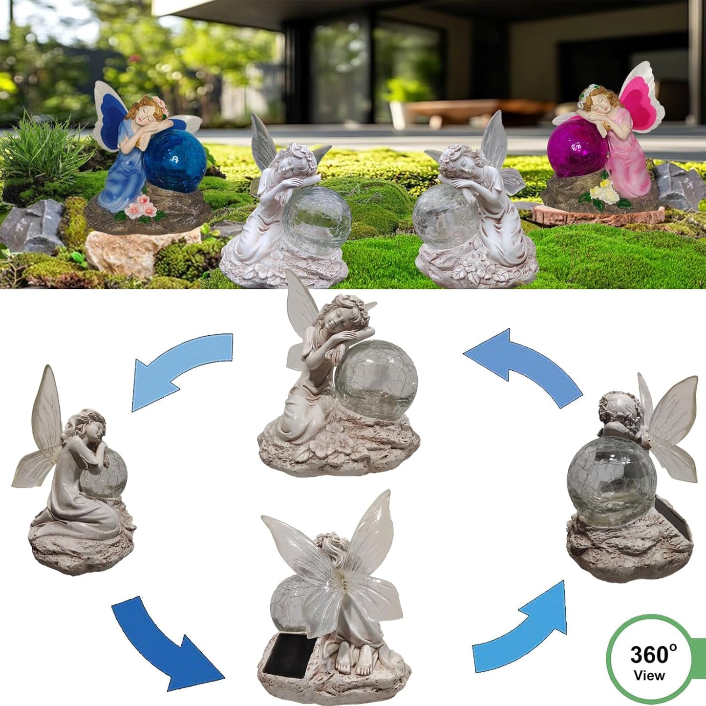 Fairy Garden Statue ，Solar Garden Decor ，Fairy Statue Outdoor with Glass Ball ，Waterproof Outdoor Decor，Suitable for Yard, Lawn ，Ideal for Holiday Giving (Left)