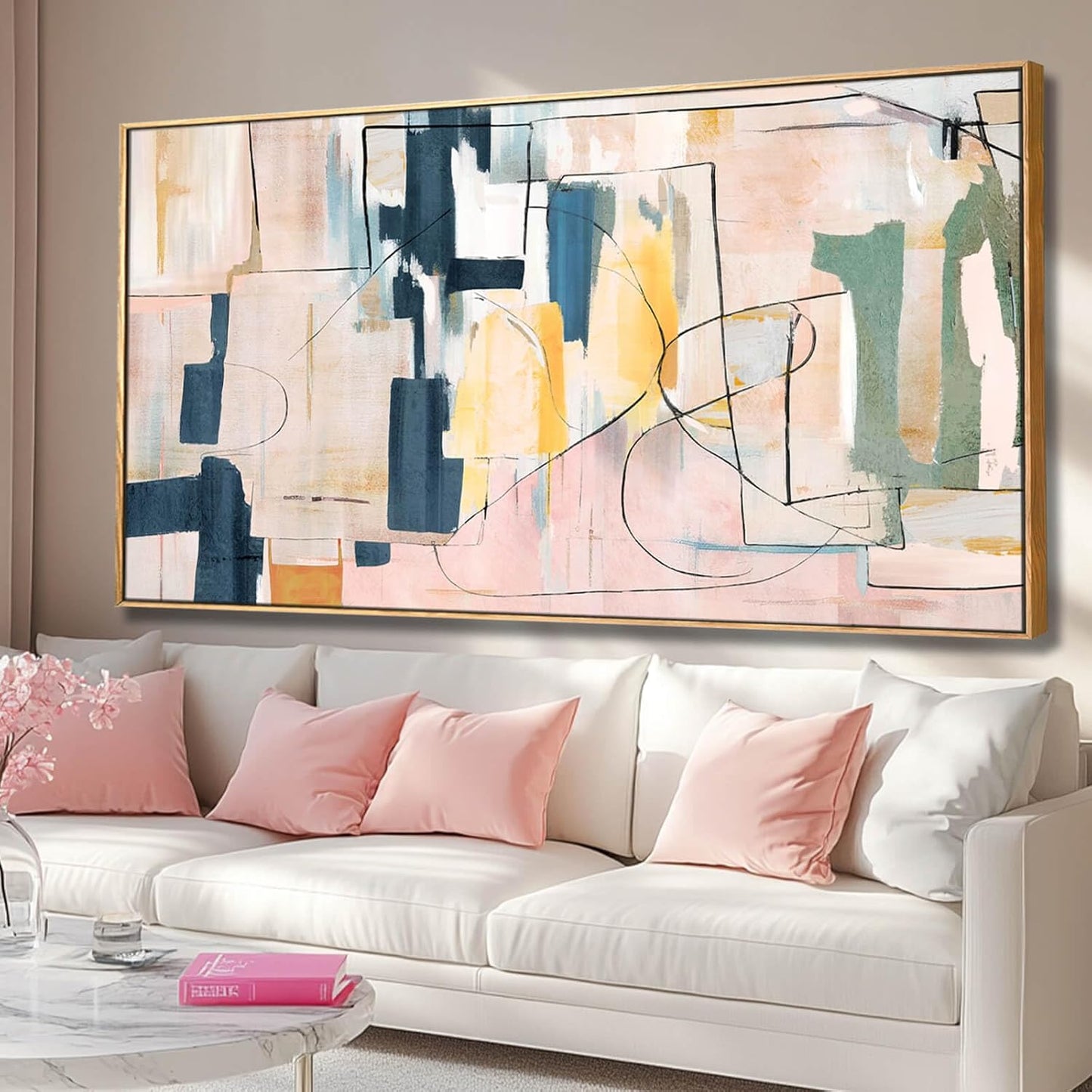 Pink Abstract Painting Large Wall Art Living Room Decor Blue Canvas Print Line Artwork Home Office Decoration 29x58 Inch